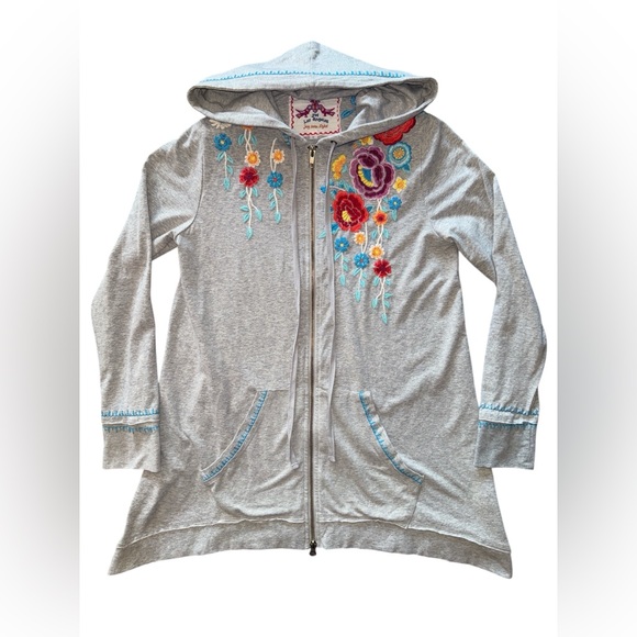Johnny Was Tops - JWLA JOHNNY WAS Light Heather Gray Embroidered Floral Sleeve Zip Up Hoodie Small